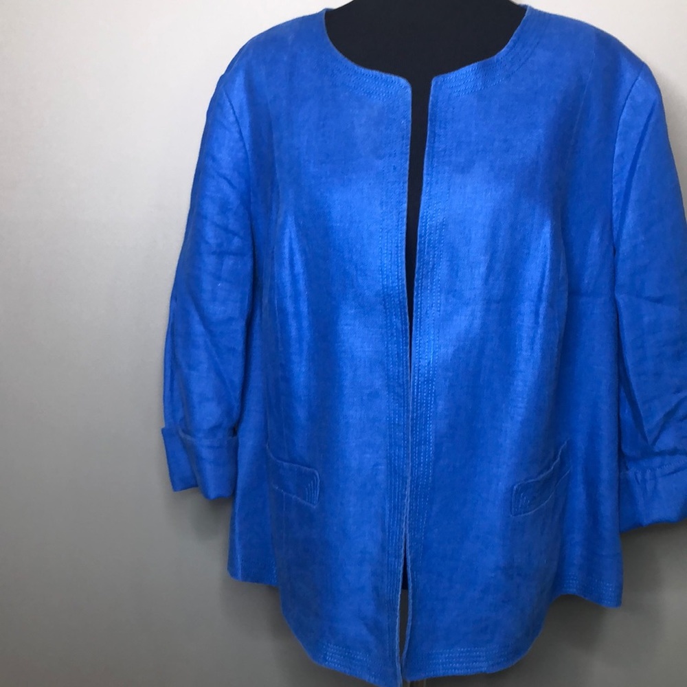 Talbots 100% Linen Open Front Jacket Blazer Blue
